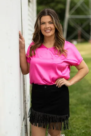 Hot Pink Silk Feel Top With Pocket