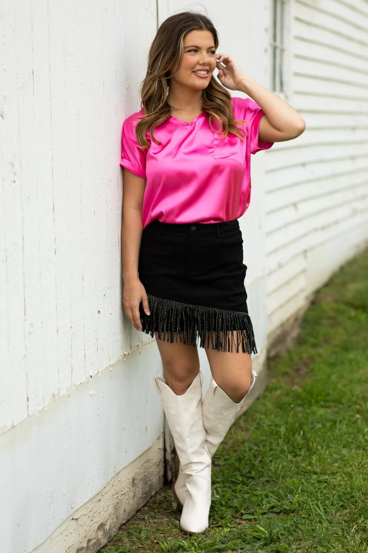 Hot Pink Silk Feel Top With Pocket