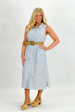 Ivory and Denim Striped Sleeveless Dress