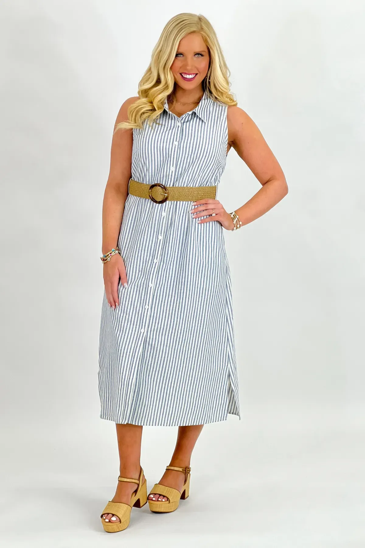Ivory and Denim Striped Sleeveless Dress