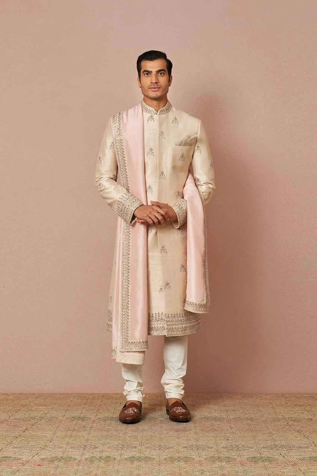 IVORY RAWSILK BUTTI EMBROIDERED SHERWANI SET WITH SILK BABY PINK DUPATTA