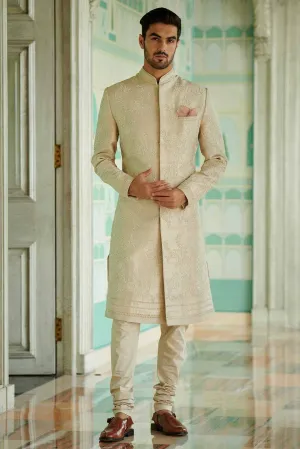 IVORY RAWSILK PEARL FLORAL EMBROIDERED SHERWANI SET