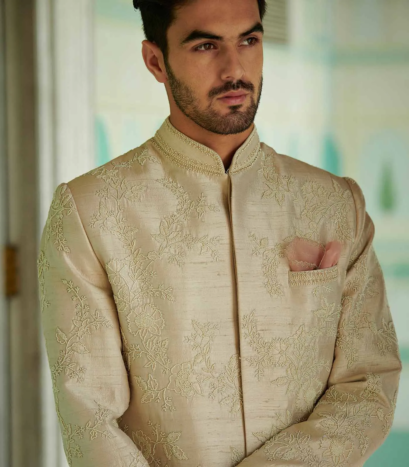 IVORY RAWSILK PEARL FLORAL EMBROIDERED SHERWANI SET