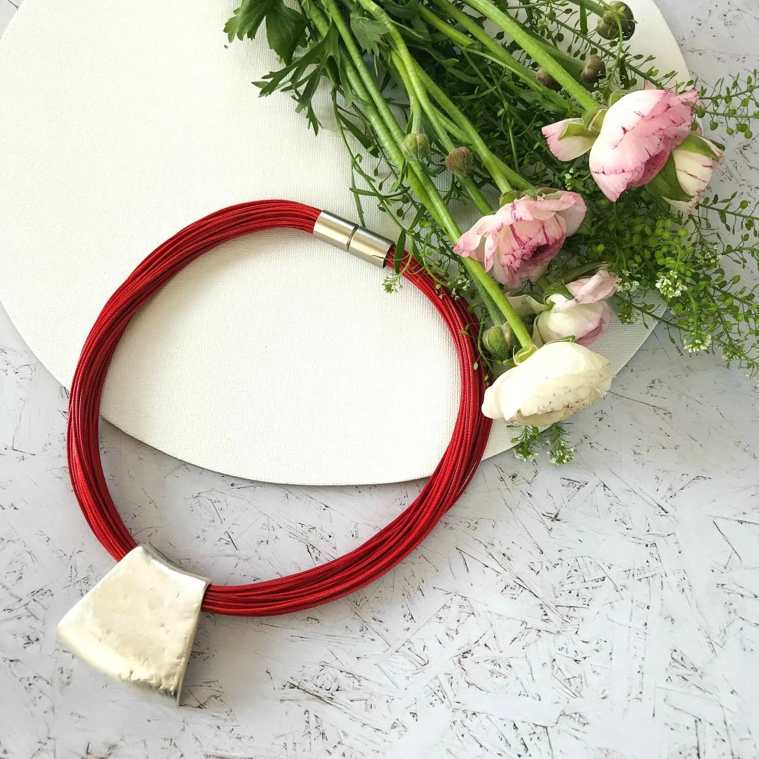 Jessica - Red cord & sterling silver pendant necklace