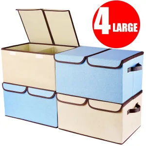 Larger Storage Cubes [4-Pack] Senbowe Linen Fabric Foldable Collapsible Storage Cube Bin Organizer Basket with Lid, Handles, Removable Divider For Home, Office, Nursery, Closet - (17.7 x 11.8 x 9.8”)