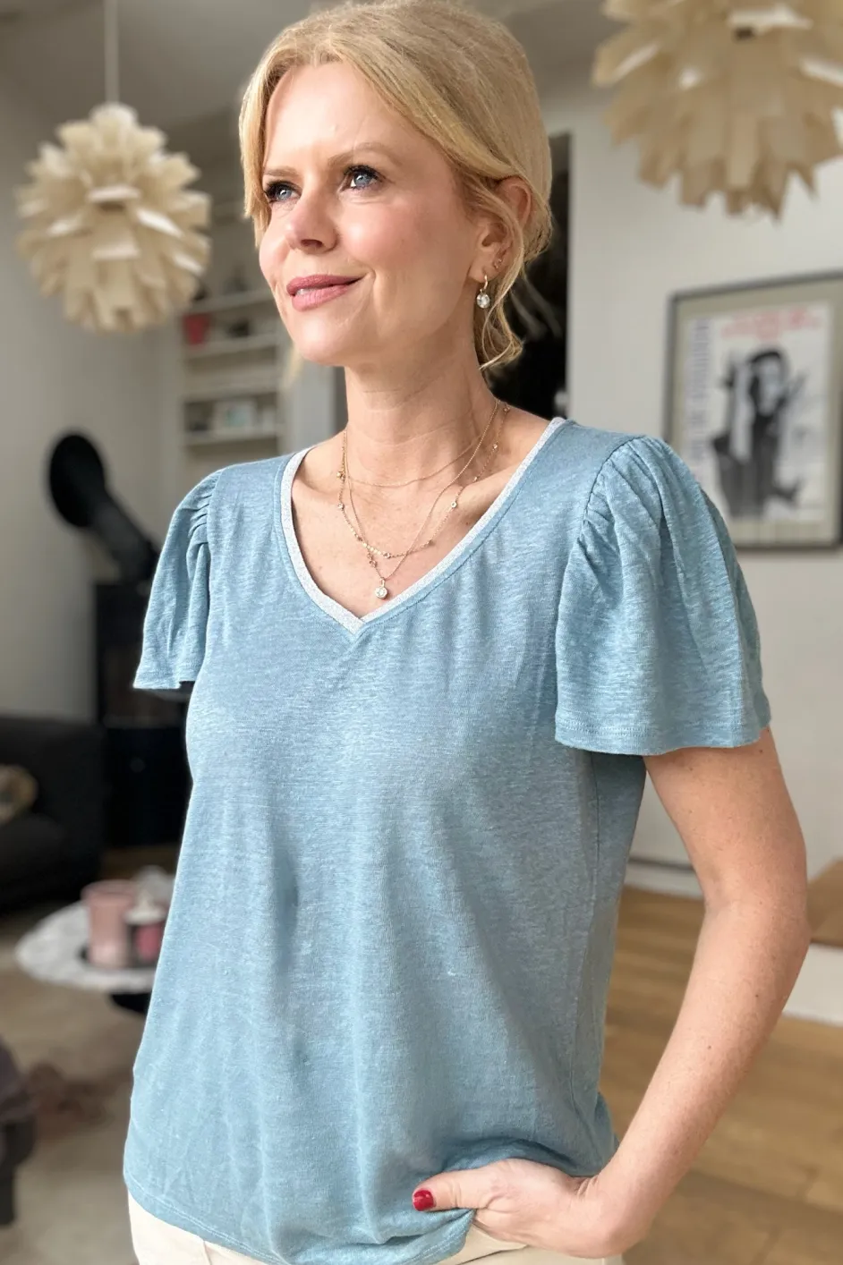Lily Linen Tee Shimmer Trim - Denim Blue