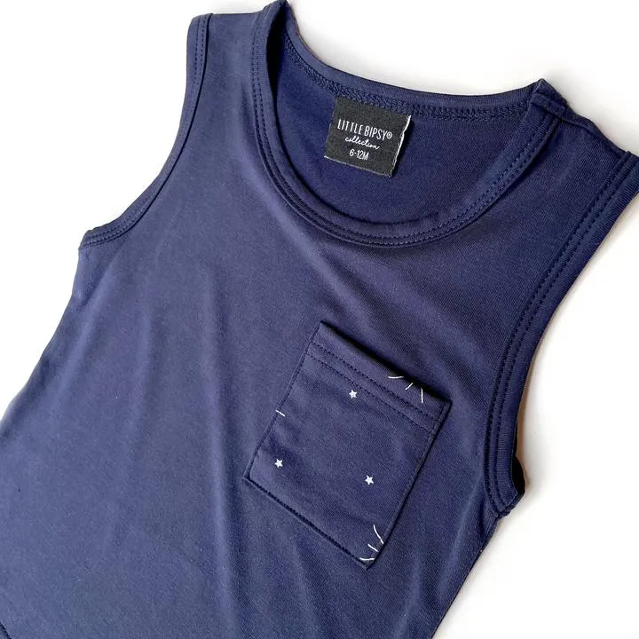 Little Bipsy Star Pocket Bamboo Tank - Navy
