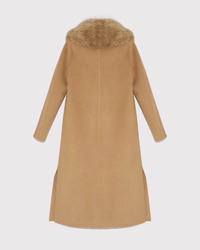 Long cashmere wool coat with fox collar - camel