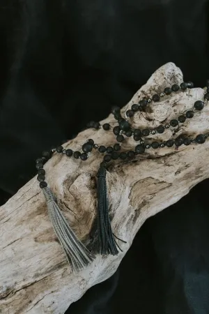 Mala beads necklace with Lava stone | waxed finish