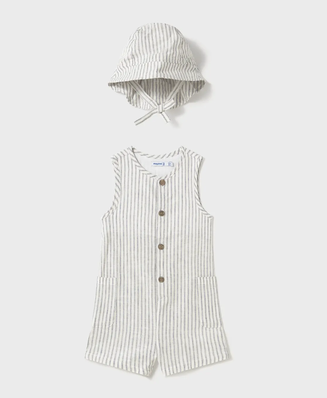 Mayoral Baby Stripe Linen Romper w Bucket Hat