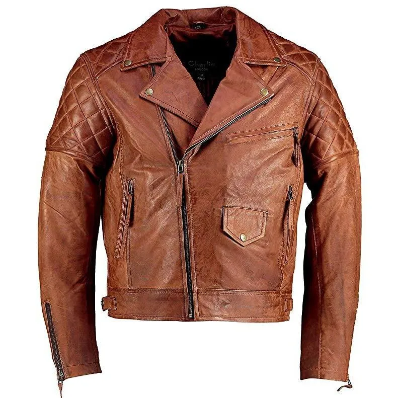 Mens Ashwood Diamond Vintage Brown Biker Style Leather Jacket