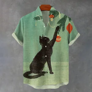 Men's Black Cat Decorating The Tree Art Print Shirt