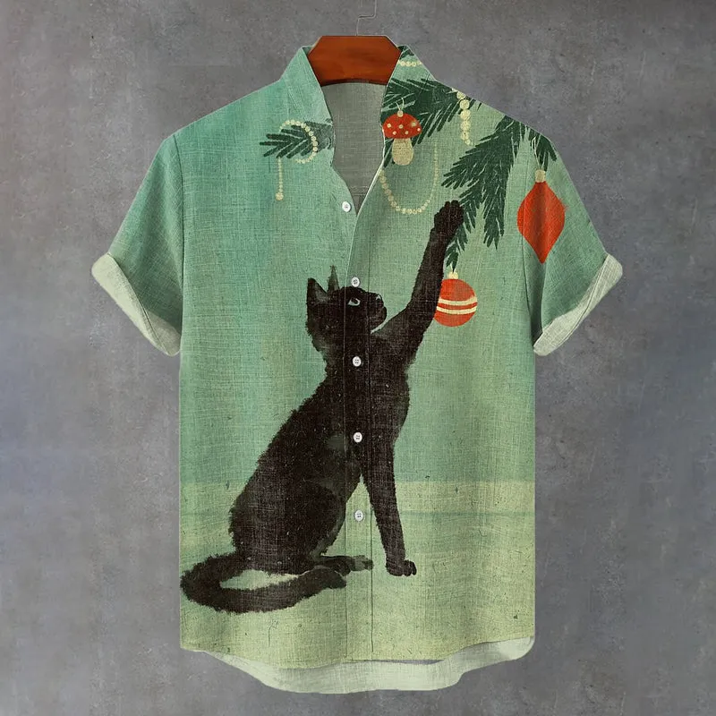 Men's Black Cat Decorating The Tree Art Print Shirt