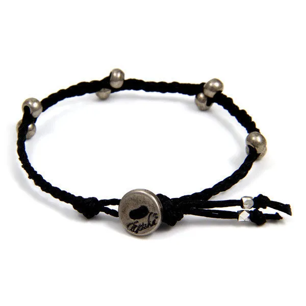 Mens Black Irish Waxed Linen Bracelet with Barrel Bead Accent and Button Closure