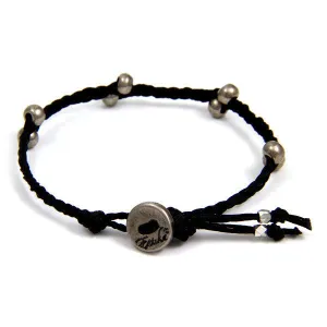 Mens Black Irish Waxed Linen Bracelet with Barrel Bead Accent and Button Closure
