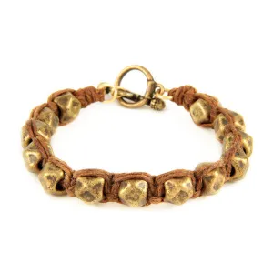 Mens Brown Waxed Linen Bracelet with Large Faceted Beads