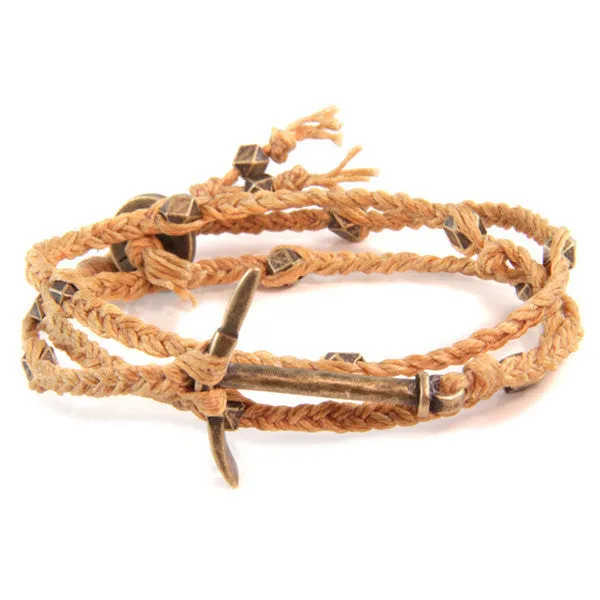 Mens Miner's Pick Ax Braided Butterscotch Irish Linen Wrap Around Bracelet