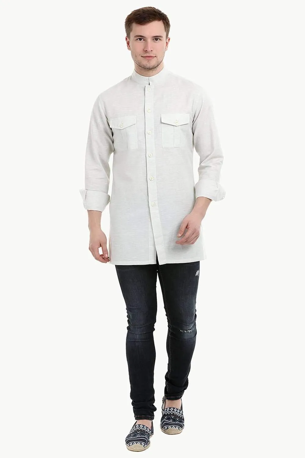 Men's Nehru Collar Short Linen Beige Kurta