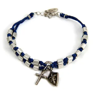 Mens Rectangular Hishi Bead and Knotted Wax Linen Bracelet with Fleur De Lys and Cross Charm