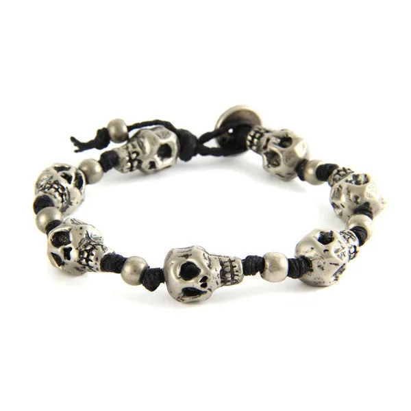 Mens Skull Black Strand Irish Waxed Linen Bracelet with Round Bead Spacer