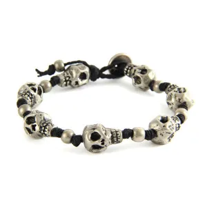 Mens Skull Black Strand Irish Waxed Linen Bracelet with Round Bead Spacer