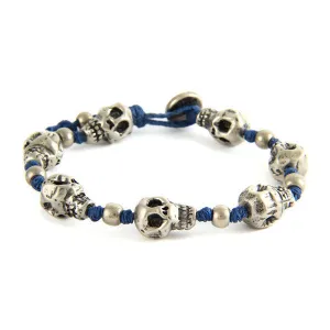 Mens Skull Blue Strand Irish Waxed Linen Bracelet with Round Bead Spacer