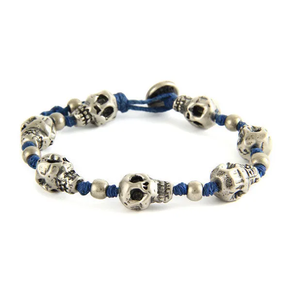 Mens Skull Blue Strand Irish Waxed Linen Bracelet with Round Bead Spacer