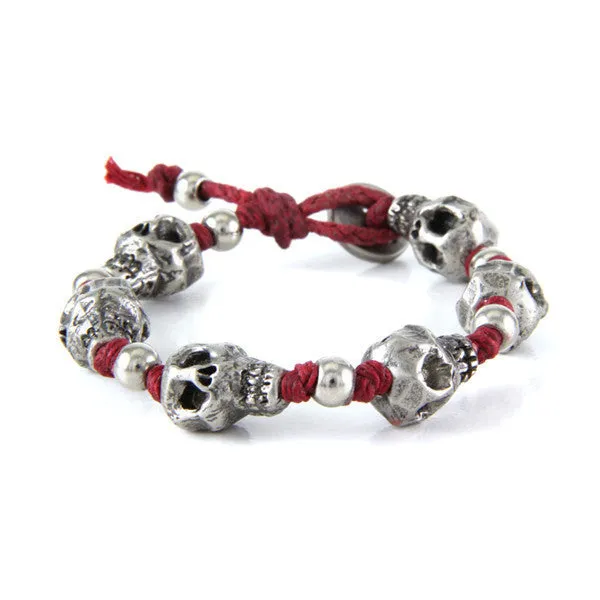 Mens Skull Red Strand Irish Waxed Linen Bracelet with Round Bead Spacer