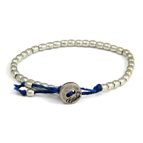 Mens Tiny Barrel Bead Bracelet on Blue Waxed Linen