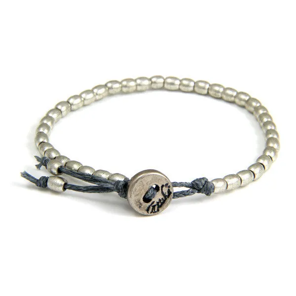 Mens Tiny Barrel Bead Bracelet on Grey Waxed Linen