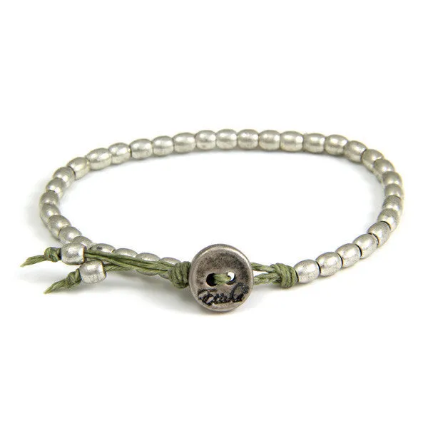 Mens Tiny Barrel Bead Bracelet on Olive Waxed Linen