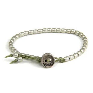 Mens Tiny Barrel Bead Bracelet on Olive Waxed Linen