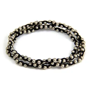Mens Triple Wrap Black Waxed Linen on Silver Ball Chain Bracelet