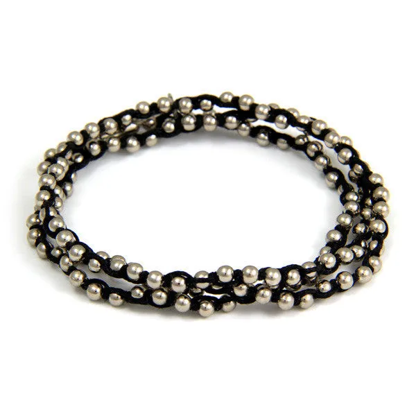 Mens Triple Wrap Black Waxed Linen on Silver Ball Chain Bracelet
