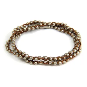 Mens Triple Wrap Brown Waxed Linen on Silver Ball Chain Bracelet