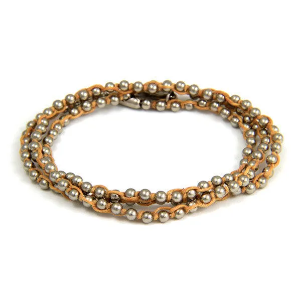 Mens Triple Wrap Yellow Waxed Linen on Silver Ball Chain Bracelet