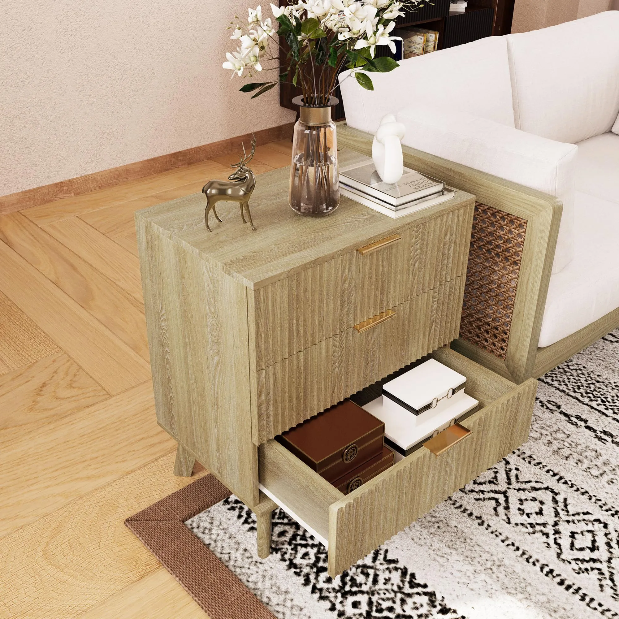 Mid-Century 3 Drawers Bedside Table Cabinet, Modern Nightstand with 3 Drawer and Solid Wood Legs, Contemporary 3-Drawer Nightstand, Mid Century Nightstand with 3 Storage Drawer for Bedroom (Natural)