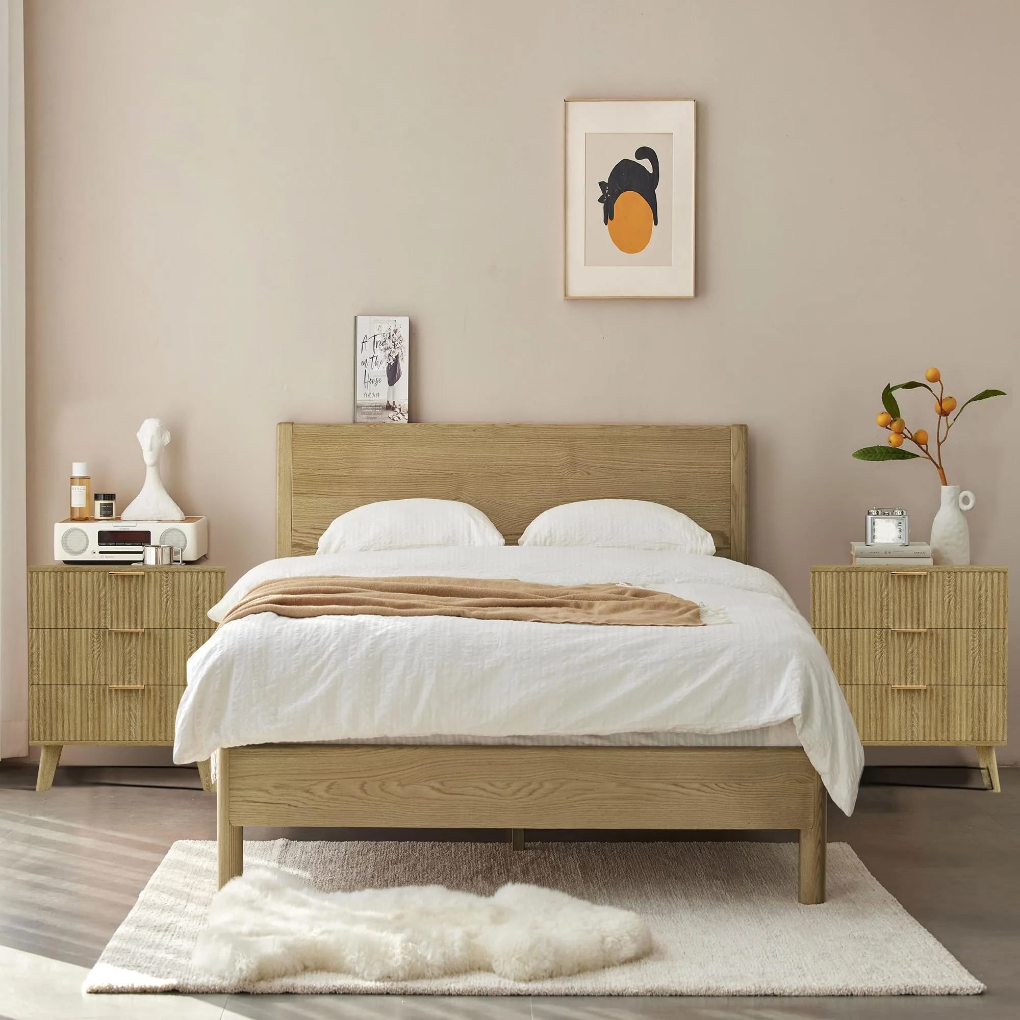 Mid-Century 3 Drawers Bedside Table Cabinet, Modern Nightstand with 3 Drawer and Solid Wood Legs, Contemporary 3-Drawer Nightstand, Mid Century Nightstand with 3 Storage Drawer for Bedroom (Natural)