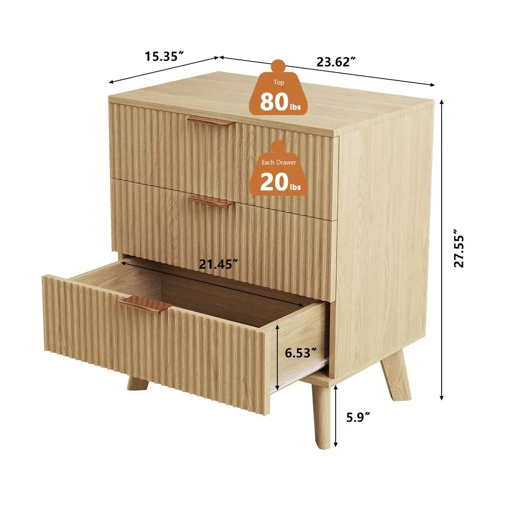 Mid-Century 3 Drawers Bedside Table Cabinet, Modern Nightstand with 3 Drawer and Solid Wood Legs, Contemporary 3-Drawer Nightstand, Mid Century Nightstand with 3 Storage Drawer for Bedroom (Natural)