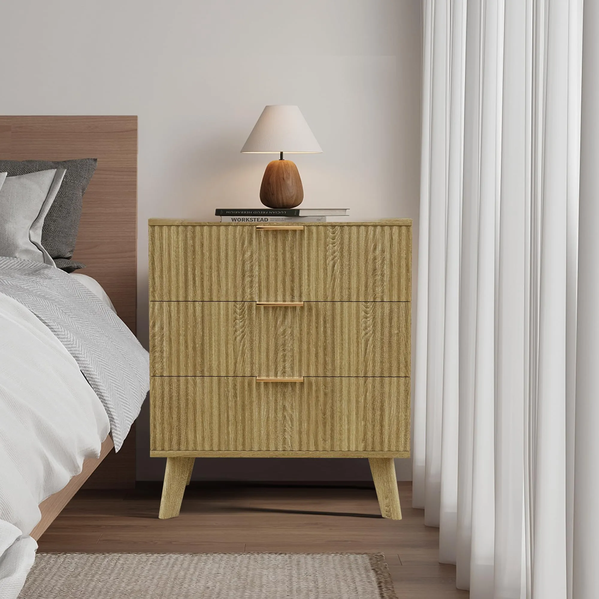 Mid-Century 3 Drawers Bedside Table Cabinet, Modern Nightstand with 3 Drawer and Solid Wood Legs, Contemporary 3-Drawer Nightstand, Mid Century Nightstand with 3 Storage Drawer for Bedroom (Natural)