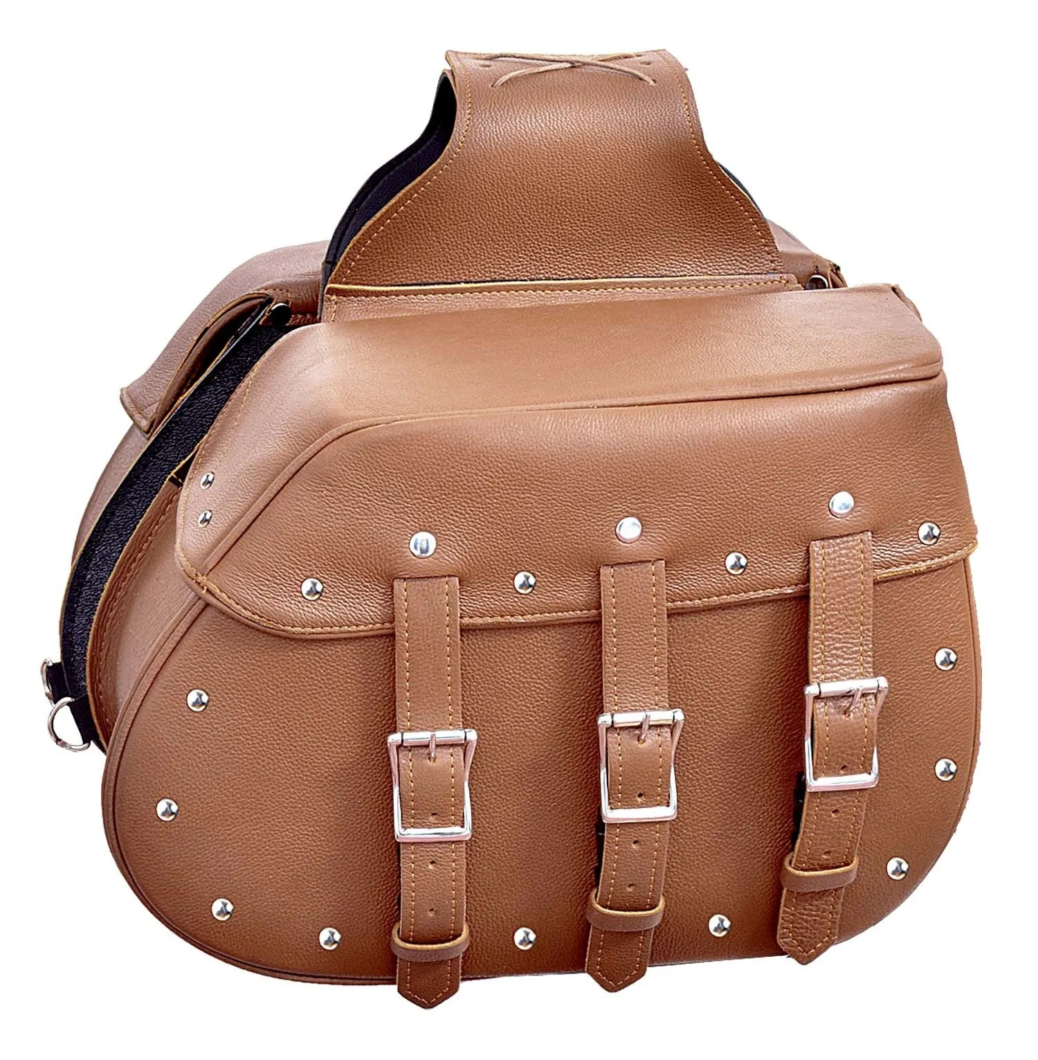 Motorcycle Large Saddle Tan color Studed 3 Strap Real leather Saddlebag Waterproof