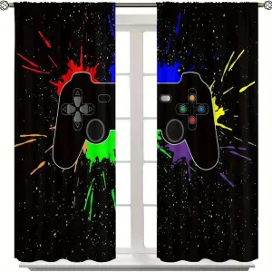 NEW 2pc Vibrant Gamepad Print Room Curtains - Stylish Controller Design, Thermal Insulated for Energy Efficiency - Perfect Home Decor for Living Room, Durable and Eye-Catching, 42" X 45" - Full Measurement, 21" X 45" - Each Panel