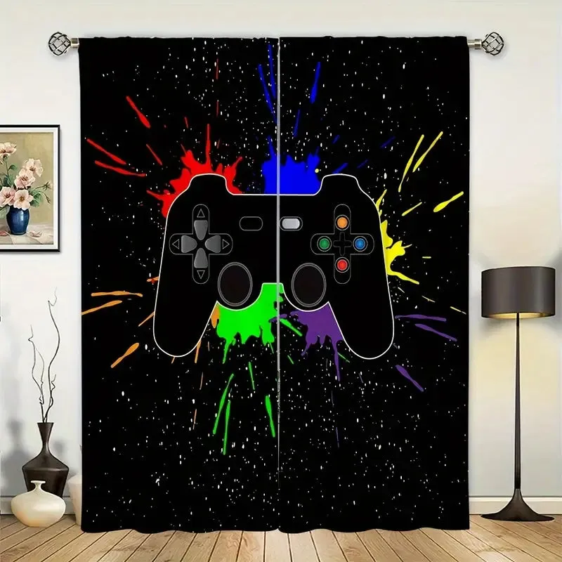 NEW 2pc Vibrant Gamepad Print Room Curtains - Stylish Controller Design, Thermal Insulated for Energy Efficiency - Perfect Home Decor for Living Room, Durable and Eye-Catching, 42" X 45" - Full Measurement, 21" X 45" - Each Panel