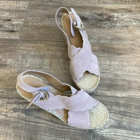 NEW Marc Fisher Aria Scalloped Sling Back Flat Wedge Sandal in Cipria Suede 9.5