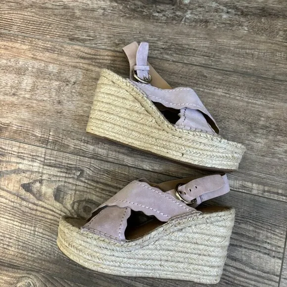 NEW Marc Fisher Aria Scalloped Sling Back Flat Wedge Sandal in Cipria Suede 9.5