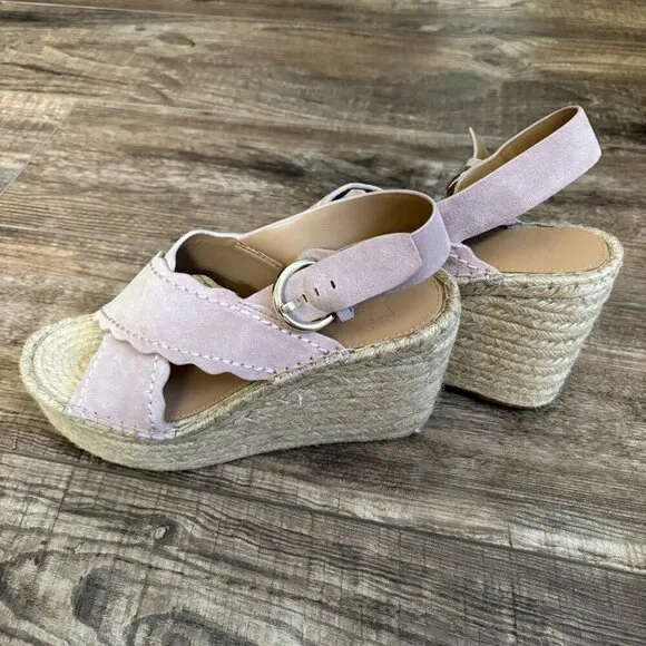 NEW Marc Fisher Aria Scalloped Sling Back Flat Wedge Sandal in Cipria Suede 9.5