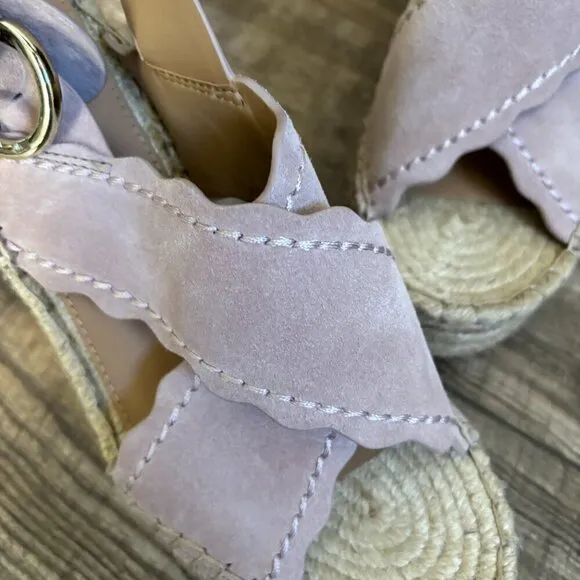 NEW Marc Fisher Aria Scalloped Sling Back Flat Wedge Sandal in Cipria Suede 9.5