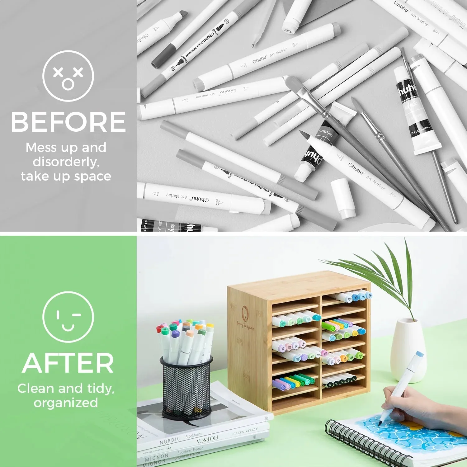 Ohuhu Organizador 100% bamboo para marcadores - Capacidad hasta 126 marcadores
