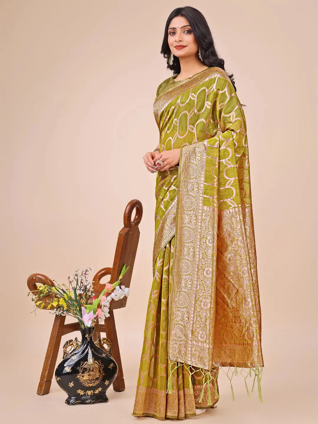 Olive Green Linen Cotton Saree