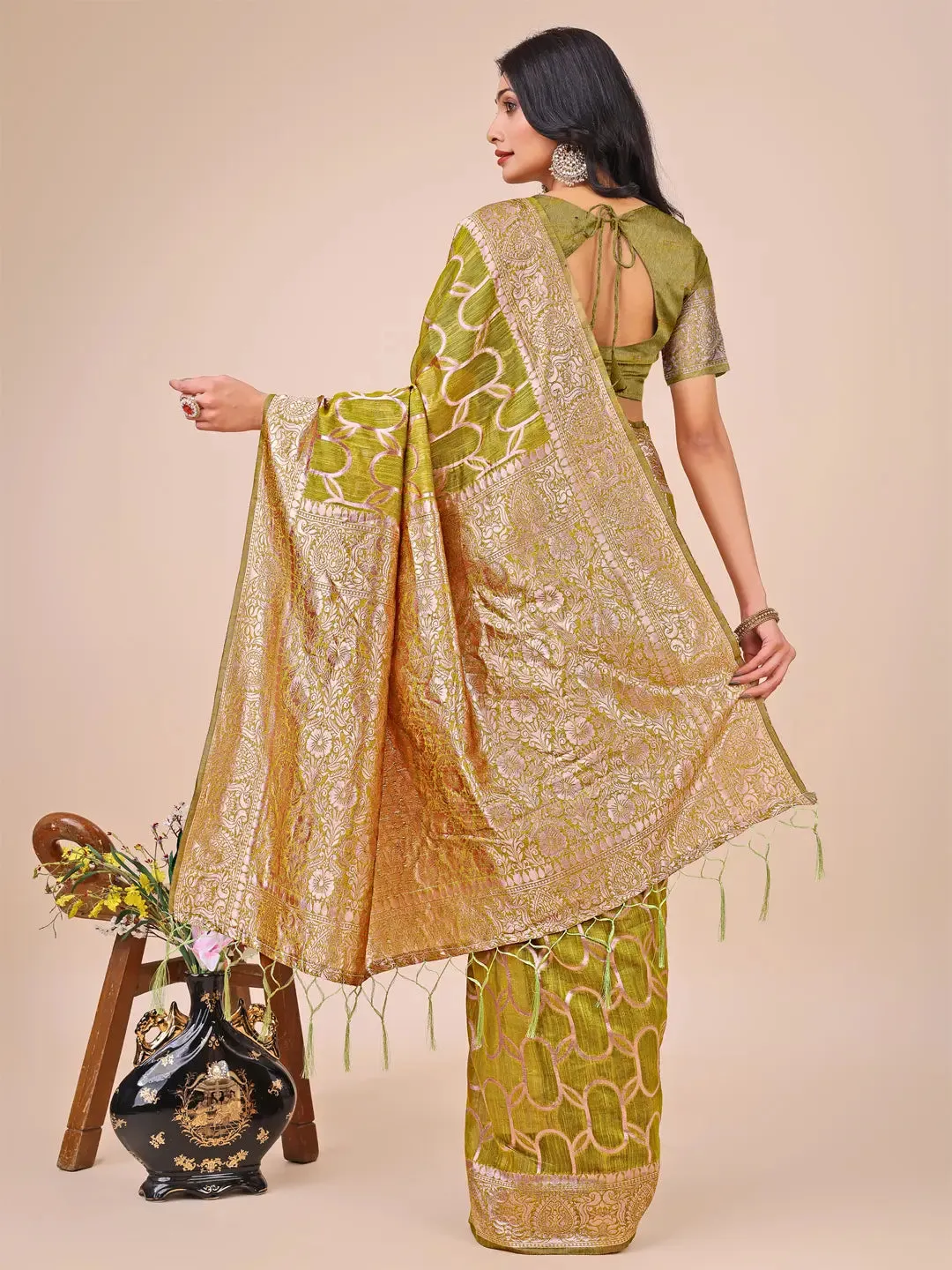 Olive Green Linen Cotton Saree